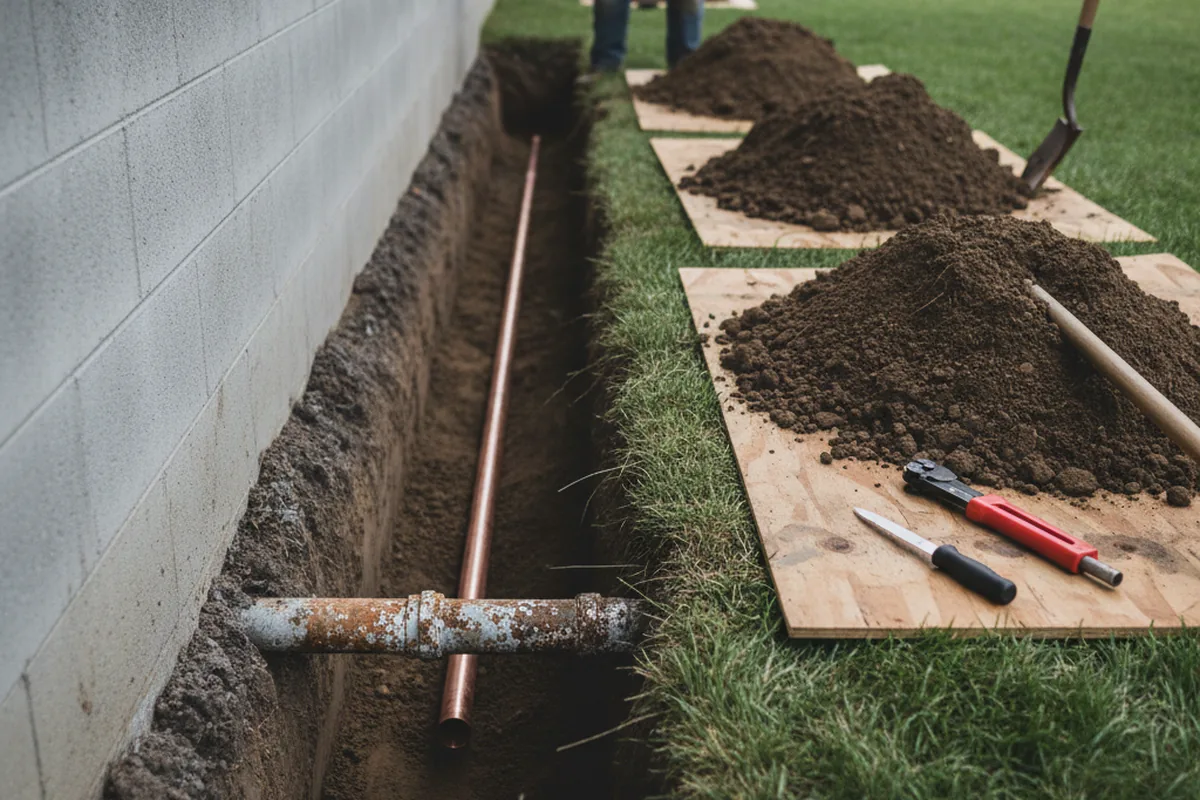 Excavated water line trench during Water Heater Repair in Anaheim
